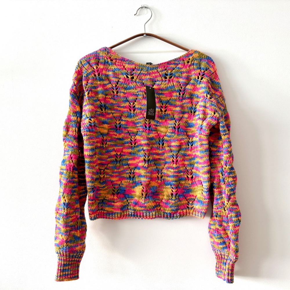 Wild Fable womens XS knit sweater with a retro vibe in pink, blue and yellow NWT